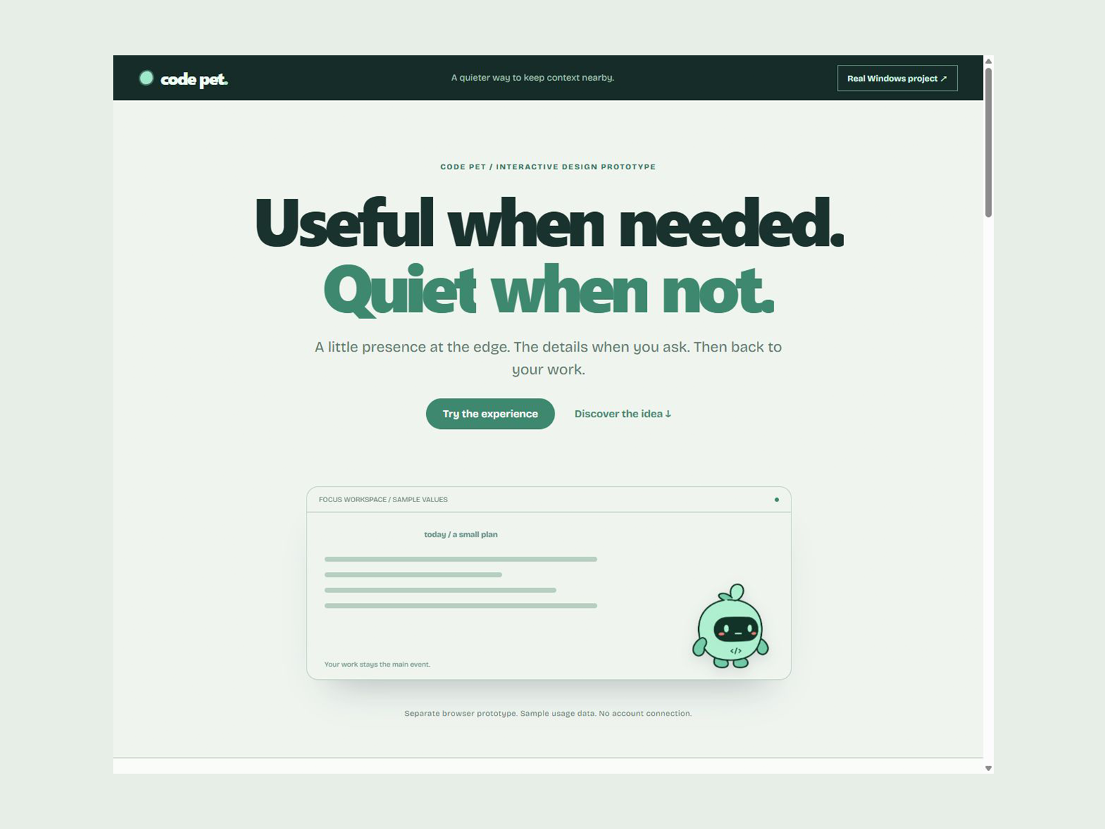 Code Pet browser design exploration using the original mint green mascot