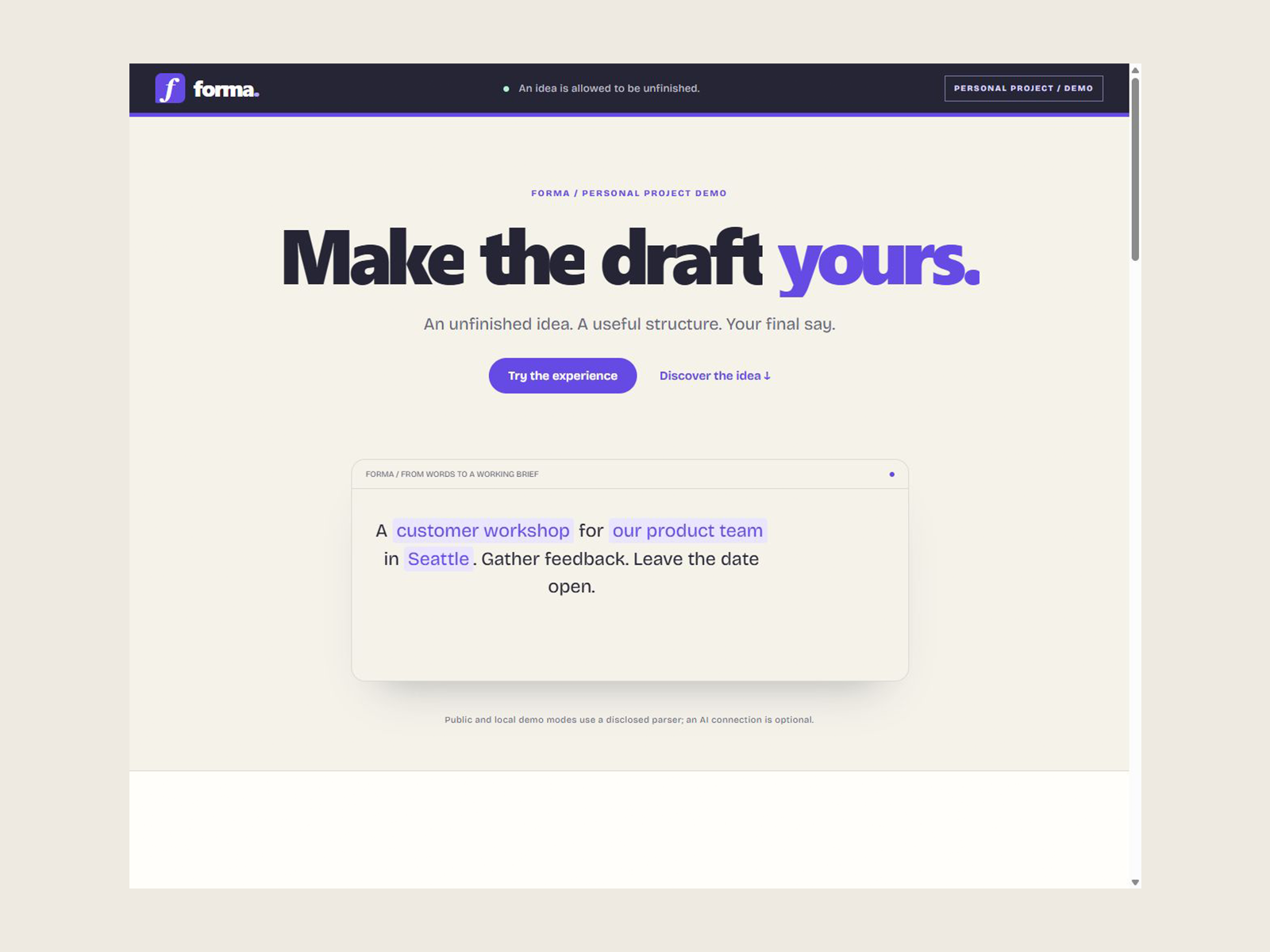 Forma editable product intake brief with human review notes